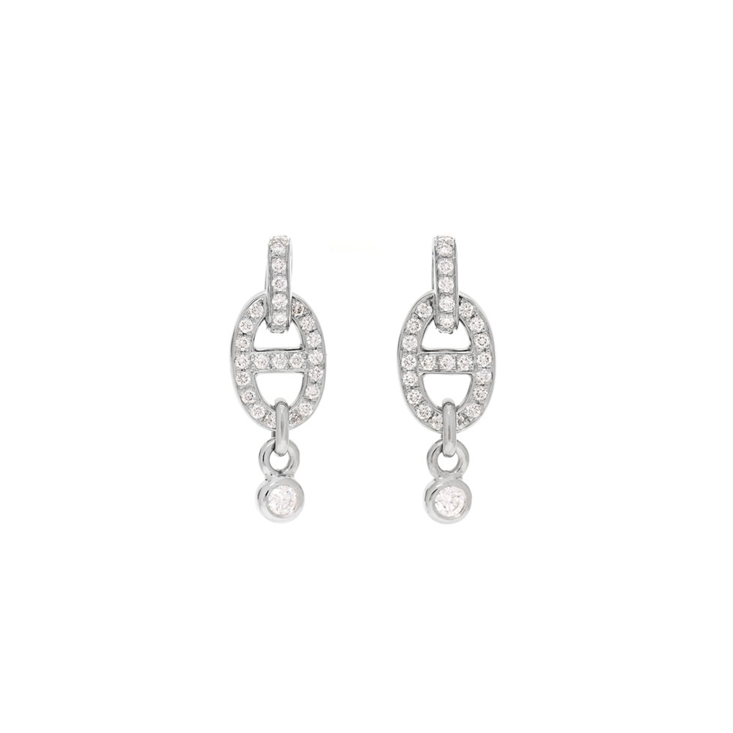 h**mes 18k white gold Di*m*nd pm chaine d''ancre enchainee earrings
